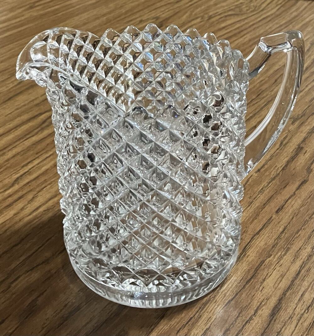 Vtg Diamond-Cut Clear Glass Juice Water Pitcher Textured Pattern 28 Oz. EUC